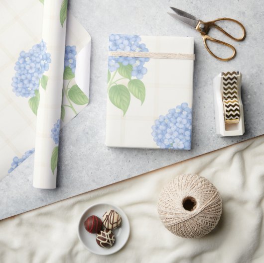 Wrapping Paper | Blue Hydrangea | Luxe Ivory Plaid ラッピングペーパー (クラフト)