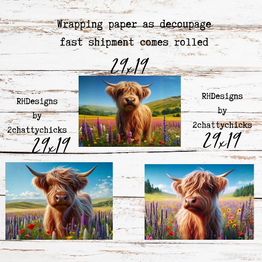 Wrapping Paper Decoupage 3 Highland Cow Designs  ラッピングペーパーシート