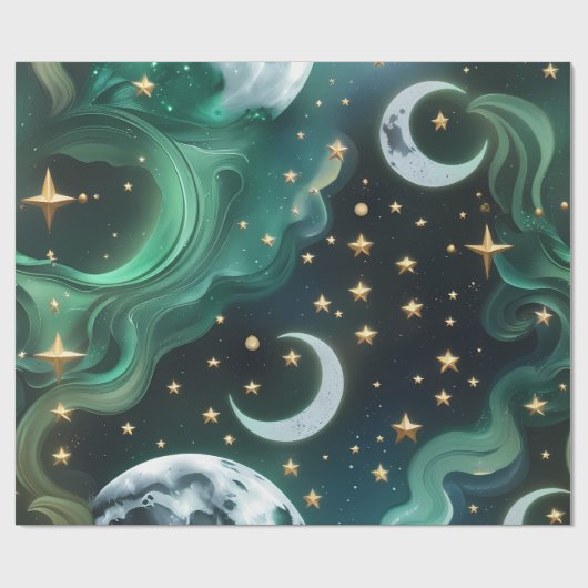 Wrapping Paper - Emerald Green Celestial Moon ラッピングペーパー (フラット)