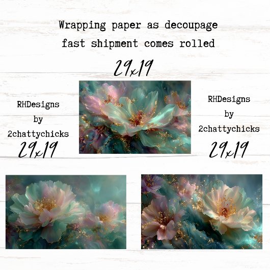 Wrapping Paper for Decoupage Teal Gold Florals  ラッピングペーパーシート