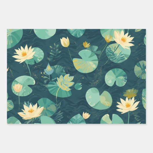 Wrapping Paper GreenLilyPad Set of 3 Flatwrap ラッピングペーパーシート (正面)