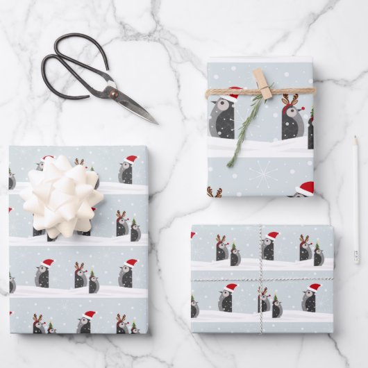 Wrapping paper set with holiday penguins ラッピングペーパーシート (正面)