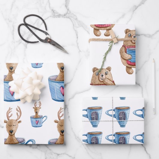 Wrapping Paper Sheets - Deer, Mug, Bear ラッピングペーパーシート (正面)