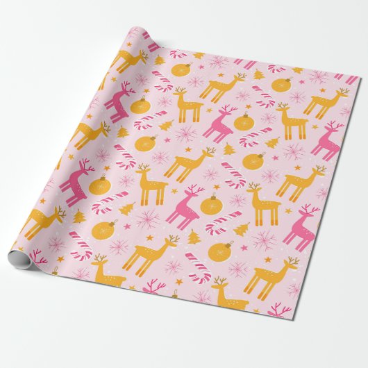 wrapping paper with pink Christmas reindeer. ラッピングペーパー (アンロールド)