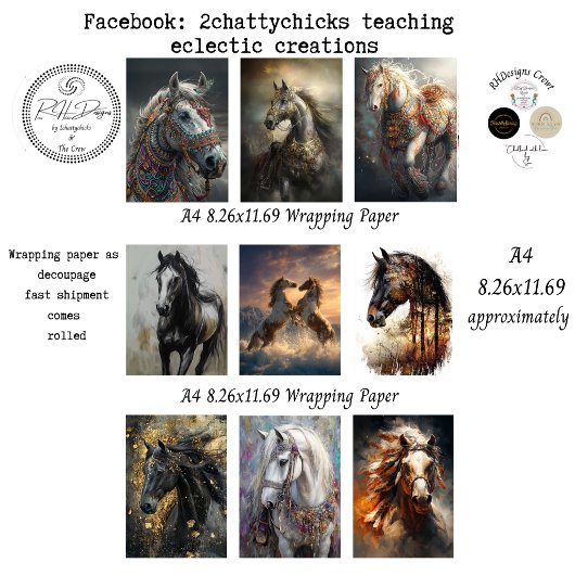 Wrapping Papers Decoupage 9 A4 Horses ラッピングペーパーシート