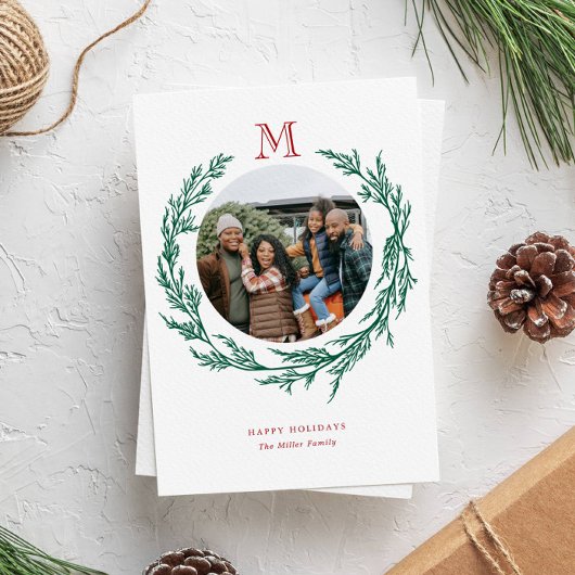 Wreath Monogram Photo Holiday Card シーズンカード