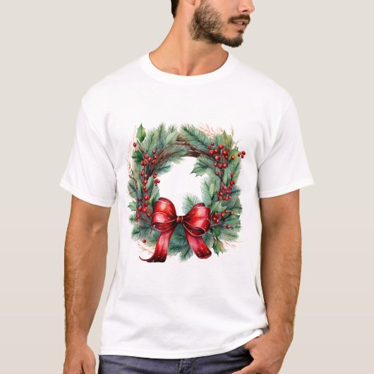 Wreath of Grace – Watercolor Holiday Charm Tシャツ (正面)