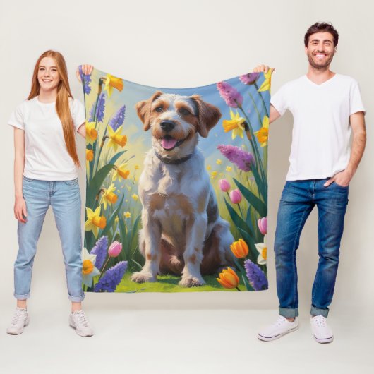 Wrefold Pointing Griffon春の花絵を描ズ フリースブランケット (インサイチュ)