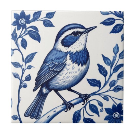 Wren Bird Delft青と白のフローラ装飾品 タイル (正面)