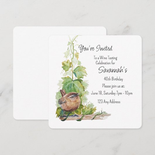 Wren Bird Vineyard Wine Tasting Birthday 招待状 (正面/裏面)