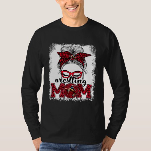 Wrestling Mom Mother's Day Game Day Messy Bun Leop Tシャツ (正面)