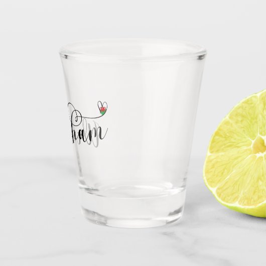 Wrexhamスクリプトフォント、ウェールズ国旗のハート ショットグラス (右)