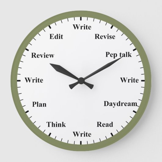 Writer's Clock - Writing Job Fun Olive Green Clock ラージ壁時計 (正面)