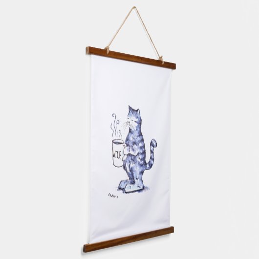 WTFマグカップ付き青い猫 吊り下げ型タペストリー (傾斜あり)