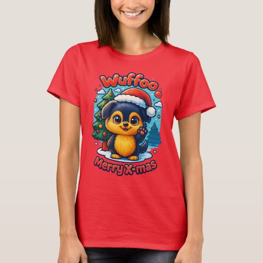 Wuffooのモリーのクリスマスおめでとう かわいい 3D ホリデー Tシャツ (正面)