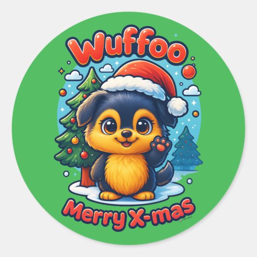 Wuffooのモリー メリークリスマス かわいい3D ホリデー ラウンドシール (正面)