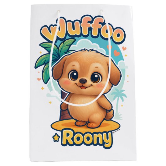 Wuffoo Roony Cute Kawaii Puppy Tropical Island  ミディアムペーパーバッグ (正面)