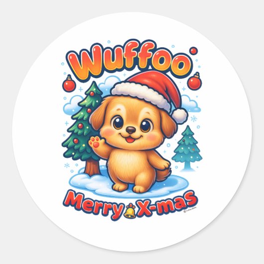 Wuffoo Roony Merry X-mas Kawaii 3D Holiday ラウンドシール (正面)