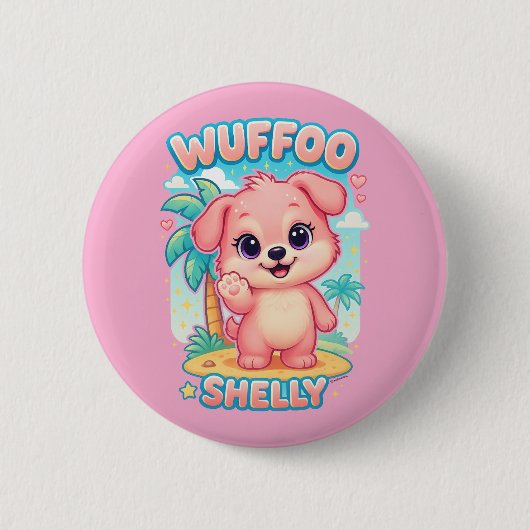 Wuffoo Shelly Kawaii Puppy Tropical Island 缶バッジ (正面)