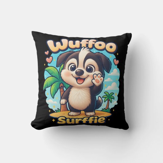 Wuffoo Surffie Cute Kawaii Puppy Tropical Island クッション (正面)
