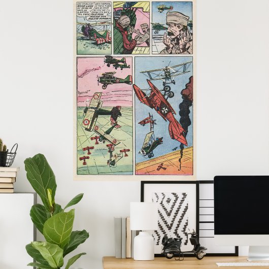 WW1ファイター飛行機ドッグファイトヴィンテージ漫画ブックページ ポスター (ホームオフィス)