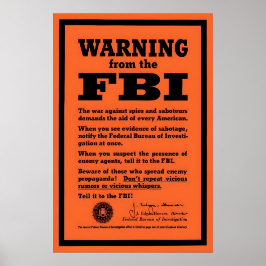 WWII FBI Spy and Saboteur Warning Poster Second ポスター (正面)