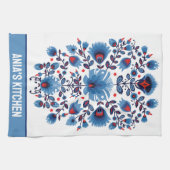 Wycinanki Lowiczが青と赤で覆う キッチンタオル (横)