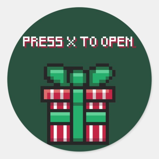 Xを押して開く – ビデオゲームピクセルクリスマス ラウンドシール (正面)