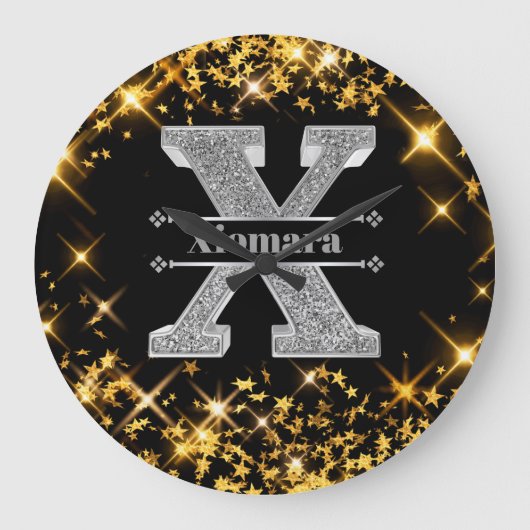 Xイニシャルパーソナライズされたシルバーモノグラムあなたの名前 ラージ壁時計 (正面)