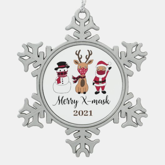 Xマスクメリーバッファローおもしろいプレイドサンタ スノーフレークピューターオーナメント (正面)