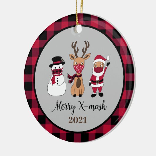 Xマスクメリーバッファローおもしろいプレイドサンタ セラミックオーナメント (左)