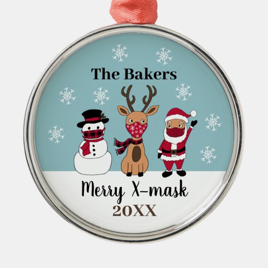 Xマスメリークおもしろい・サンタトナカイ雪だるま メタルオーナメント (正面)