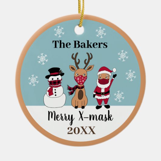 Xマスメリークトナカイおもしろい雪だるまサンタ セラミックオーナメント (正面)
