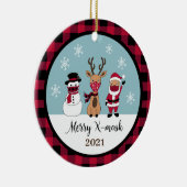 Xマスメリークバッファローおもしろいプレイドチェックサンタ セラミックオーナメント (右)