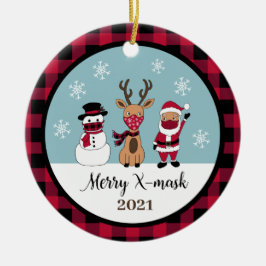 Xマスメリークバッファローおもしろいプレイドチェックサンタ セラミックオーナメント