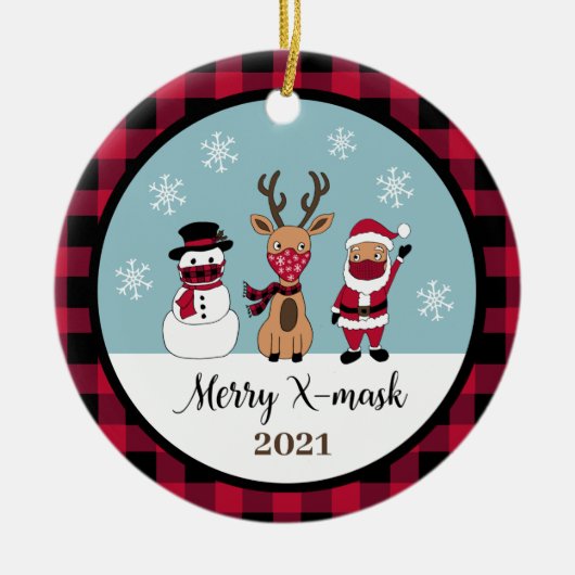 Xマスメリークバッファローおもしろいプレイドチェックサンタ セラミックオーナメント (正面)