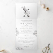 'X'モノグラム美しいスケッチフローラ結婚's 三つ折り招待状 (内部)