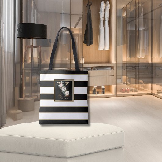 X ゴールド フローラル モノグラム | ブラック ホワイト ゴールド ストライプ トートバッグ