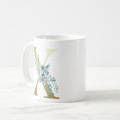 x,黄金のイニシャルと青いフローラの葉 コーヒーマグカップ (正面左)