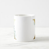 x,黄金のイニシャルと青いフローラの葉 コーヒーマグカップ (中央)