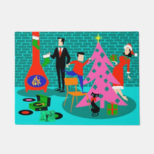 X-masの木のドア・マットを整えているレトロ家族 ドアマット (正面)