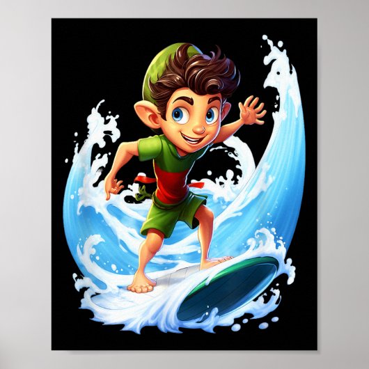 X-mas Christmas Elf Riding Surfboard Surfboard ポスター (正面)