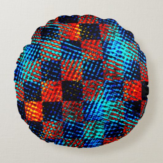 Xadrez azul, laranja quase vermelho, fake sujo ラウンドクッション (正面)