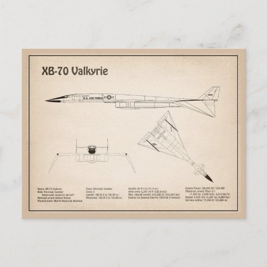 XB-70 Valkyrie – 飛行機の設計図プランSD ポストカード (正面)