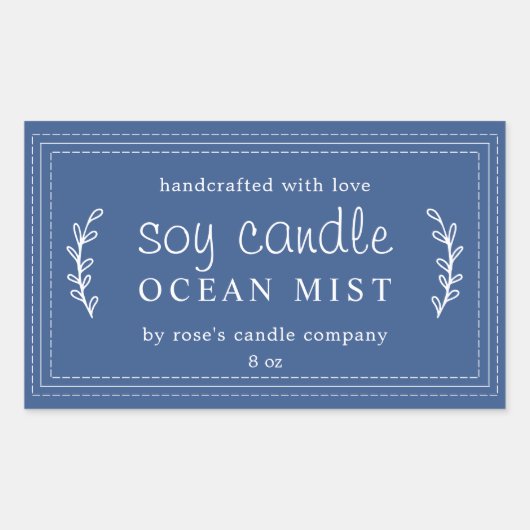 XL自家製ソイキャンドル 葉のクラシックブルーカスタム 長方形シール (正面)