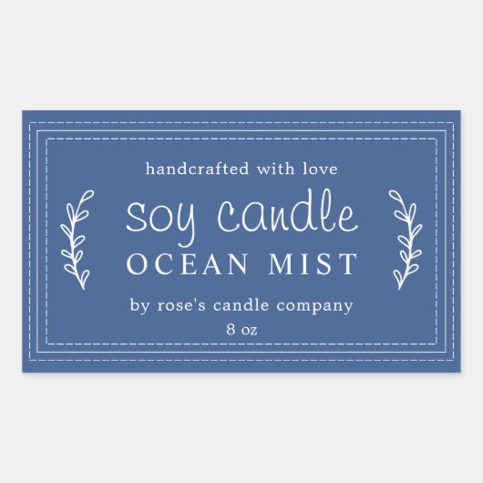 XL ハンドメイド ソイ キャンドル 葉 古典的 青 カスタム 長方形シール (正面)