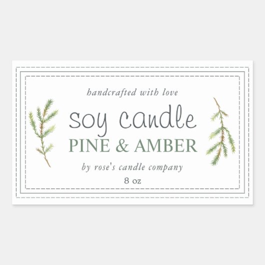 XL 手作り ソイ キャンドル 松の枝 カスタム ホワイト 長方形シール (正面)