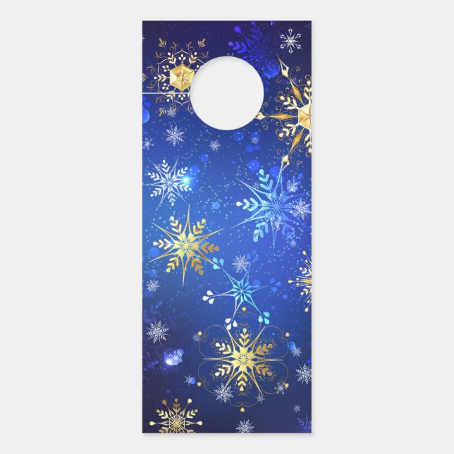XMAS Blue Background with Golden Snowflakes ドアノブサイン (正面)