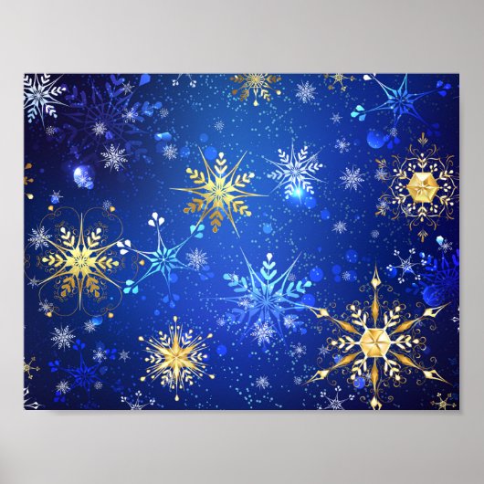 XMAS Blue Background with Golden Snowflakes ポスター (正面)