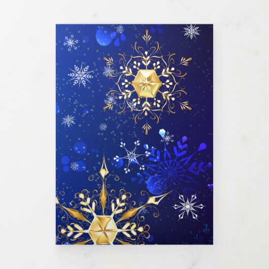XMAS Blue Background with Golden Snowflakes 三つ折り招待状 (カバー)